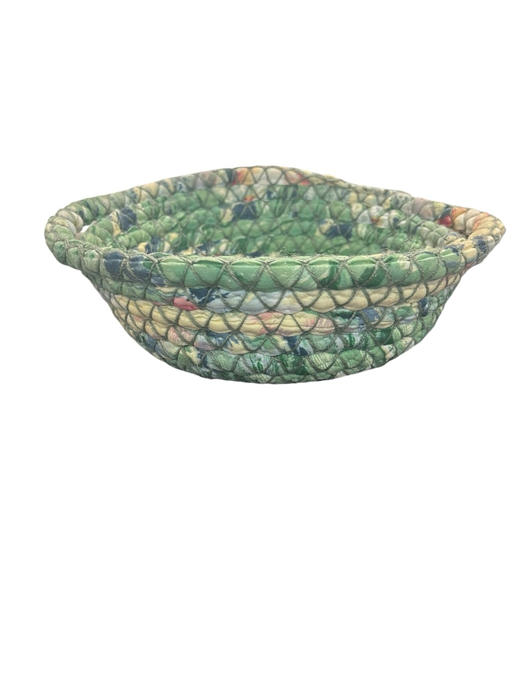 Vintage green braided rag rug basket with handles